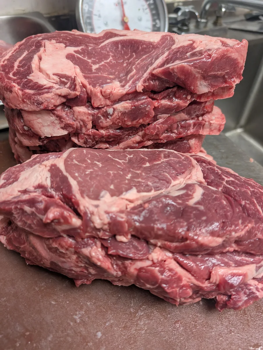Ribeyes cut by hand in the 329 kitchen
